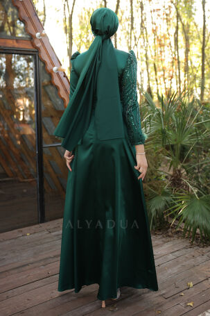 Emerald Satin Bianca Evening Dress with Feather Detail, Draped and Embroidered Sleeves - 2