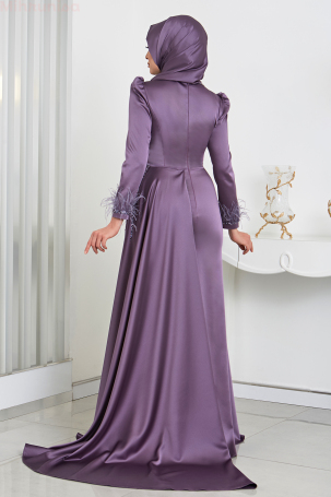 Feather and Stone Detailed Cape Tail Satin Marinette Evening Dress - Purple - 2