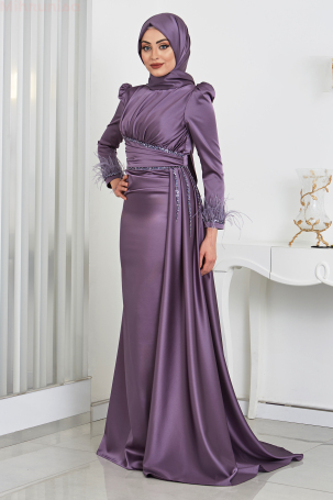 Feather and Stone Detailed Cape Tail Satin Marinette Evening Dress - Purple - 4