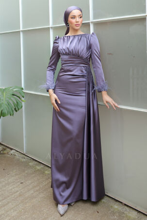 Feather and Stone Detailed Cape Tail Satin Marinette Evening Dress - Purple - 4