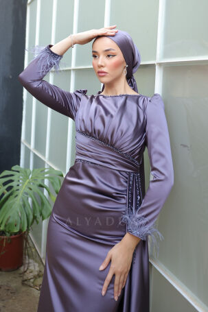 Feather and Stone Detailed Cape Tail Satin Marinette Evening Dress - Purple - 6