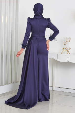 Feather and Stone Detailed Cape Tail Satin Marinette Gown - Navy Blue - 2