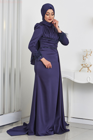 Feather and Stone Detailed Cape Tail Satin Marinette Gown - Navy Blue - 4