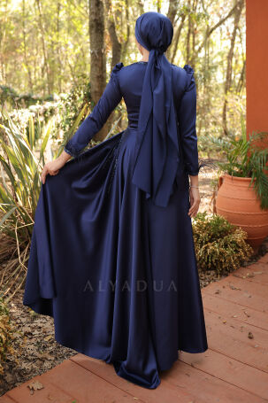 Feather and Stone Detailed Cape Tail Satin Marinette Gown - Navy Blue - 2