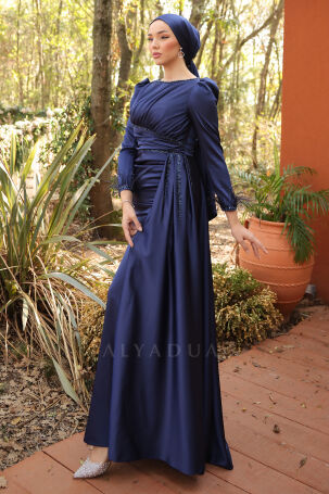 Feather and Stone Detailed Cape Tail Satin Marinette Gown - Navy Blue - 4