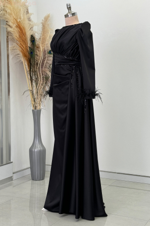 Feather and Stone Detailed Cape with Train Satin Marinette Evening Dress - Black - 4