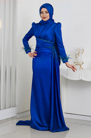 Feather and Stone Detailed Satin Cape Tailored Marinette Gown - Saxe - 1