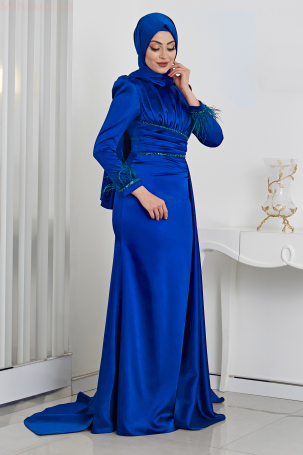 Feather and Stone Detailed Satin Cape Tailored Marinette Gown - Saxe - 2