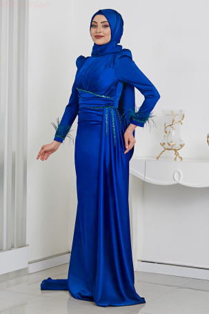 Feather and Stone Detailed Satin Cape Tailored Marinette Gown - Saxe - 4