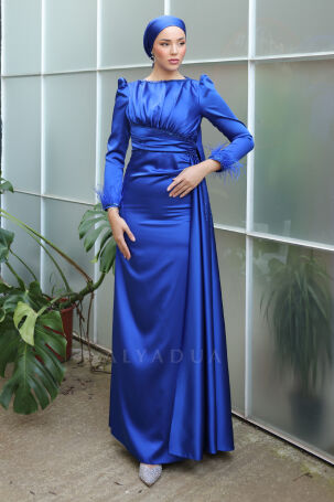 Feather and Stone Detailed Satin Cape Tailored Marinette Gown - Saxe 