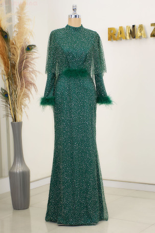 Fiona Abaya with Furry Stone Sleeves - Emerald 