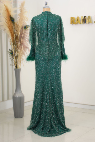 Fiona Abaya with Furry Stone Sleeves - Emerald - 2