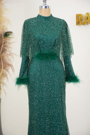 Fiona Abaya with Furry Stone Sleeves - Emerald - 3