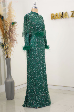 Fiona Abaya with Furry Stone Sleeves - Emerald - 4