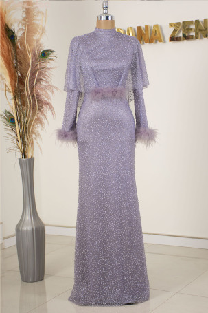 Fiona Dress with Furry Stony Sleeves - Lilac - 1