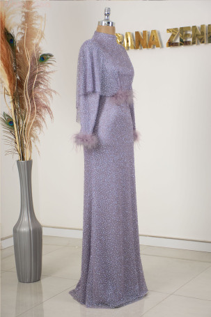 Fiona Dress with Furry Stony Sleeves - Lilac - 4