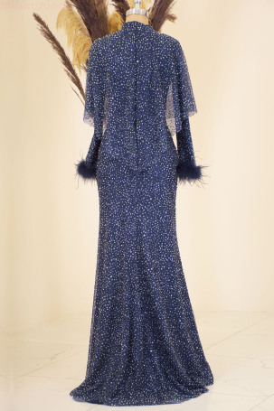 Fiona Evening Dress with Furry Stone Arms - Navy Blue - 2