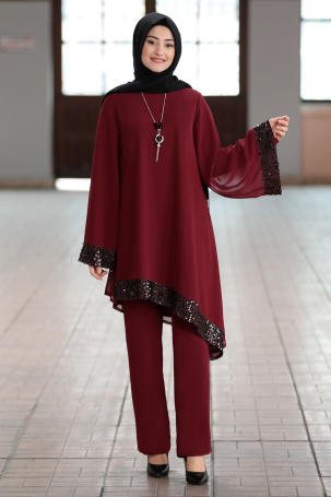 Flounced Chiffon Shimmering Two-Piece Evening Suit - Burgundy - 1