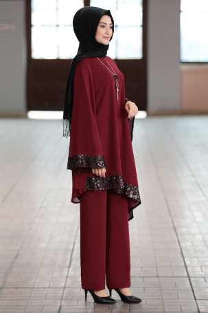 Flounced Chiffon Shimmering Two-Piece Evening Suit - Burgundy - 3