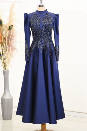 Front and Arms Embroidered Special Design Midi Length Satin Holly Evening Gown - Navy Blue - Rana Zenn