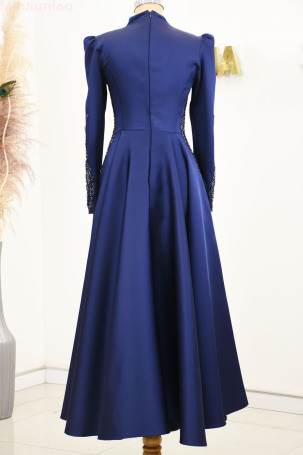 Front and Arms Embroidered Special Design Midi Length Satin Holly Evening Gown - Navy Blue - 2