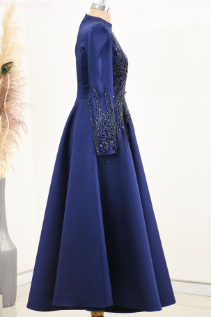 Front and Arms Embroidered Special Design Midi Length Satin Holly Evening Gown - Navy Blue - 4