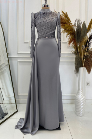 Front and Sleeves Embroidered Pleated Detail Satin Leyla Evening Dress - Gray - 1