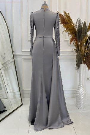 Front and Sleeves Embroidered Pleated Detail Satin Leyla Evening Dress - Gray - 2