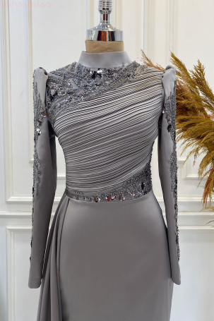 Front and Sleeves Embroidered Pleated Detail Satin Leyla Evening Dress - Gray - 3