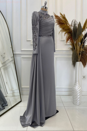 Front and Sleeves Embroidered Pleated Detail Satin Leyla Evening Dress - Gray - 4