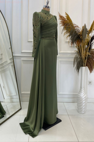 Front and Sleeves Embroidered Pleated Detail Satin Leyla Evening Dress - Khaki - 4