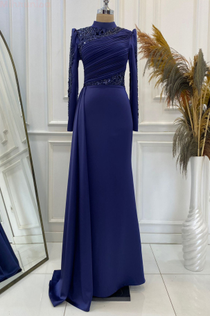 Front and Sleeves Embroidered Pleated Detail Satin Leyla Evening Dress - Navy Blue - Yahrenay