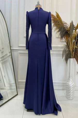 Front and Sleeves Embroidered Pleated Detail Satin Leyla Evening Dress - Navy Blue - 2