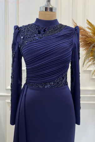 Front and Sleeves Embroidered Pleated Detail Satin Leyla Evening Dress - Navy Blue - 3