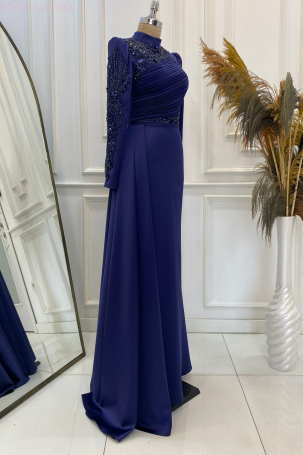 Front and Sleeves Embroidered Pleated Detail Satin Leyla Evening Dress - Navy Blue - 4