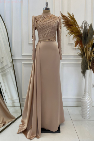 Front and Sleeves Embroidered Pleated Detail Satin Leyla Evening Dress - Rose 