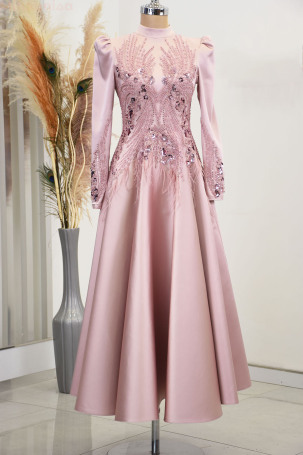 Front and Sleeves Embroidered Special Design Midi Length Satin Holly Dress - Lilac - Rana Zenn