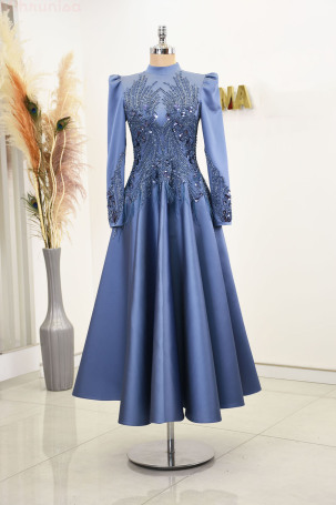 Front and sleeves embroidered special design midi size satin Holly evening gown - Indigo - Rana Zenn