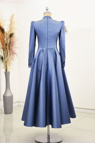 Front and sleeves embroidered special design midi size satin Holly evening gown - Indigo - 2