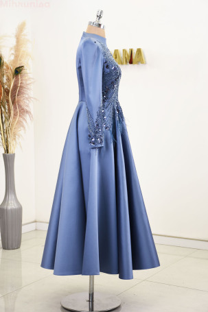 Front and sleeves embroidered special design midi size satin Holly evening gown - Indigo - 4