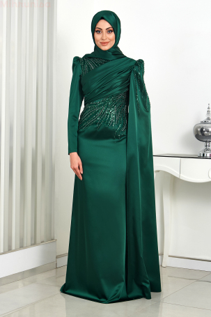 Front Draped Arm Cape Detailed Satin Noura Evening Dress - Emerald - 4