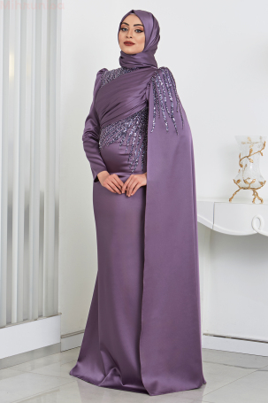 Front Draped Arm Cape Detailed Satin Noura Evening Dress - Purple - 1