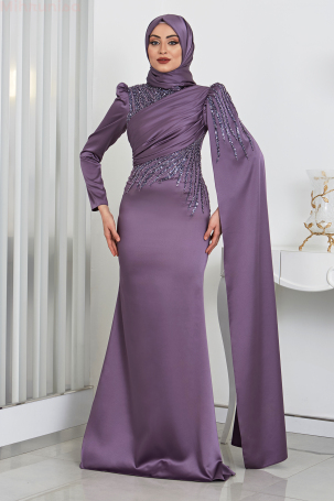 Front Draped Arm Cape Detailed Satin Noura Evening Dress - Purple - 2