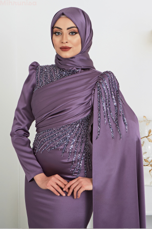 Front Draped Arm Cape Detailed Satin Noura Evening Dress - Purple - 3