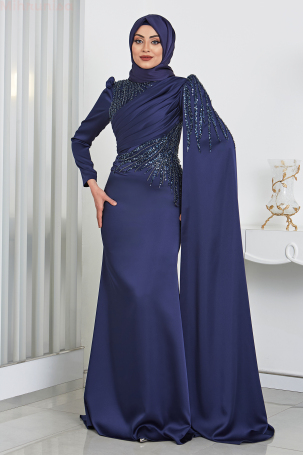 Front Draped Arm Cape Detailed Satin Noura Evening Gown - Navy Blue - 4