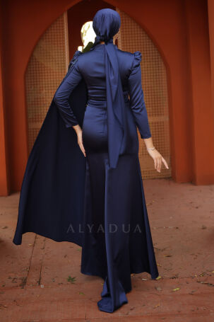 Front Draped Arm Cape Detailed Satin Noura Evening Gown - Navy Blue - 2