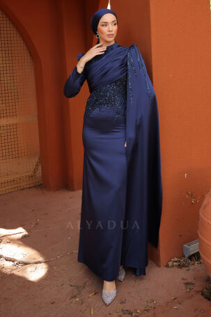 Front Draped Arm Cape Detailed Satin Noura Evening Gown - Navy Blue - 1