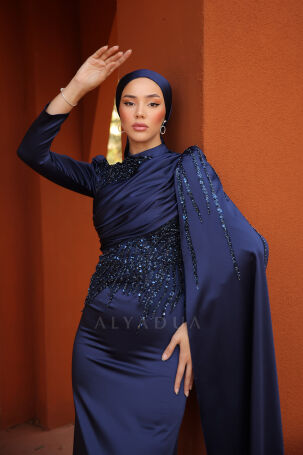 Front Draped Arm Cape Detailed Satin Noura Evening Gown - Navy Blue - 3