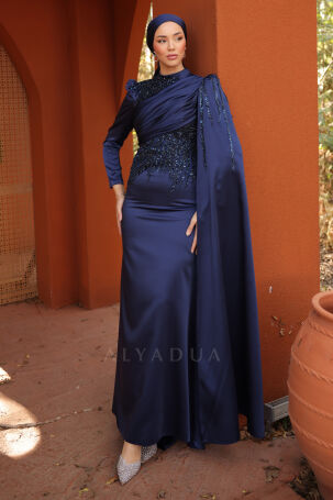 Front Draped Arm Cape Detailed Satin Noura Evening Gown - Navy Blue - 5