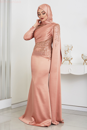 Front Draped Arm Cape Detailed Satin Noura Evening Gown - Rose 